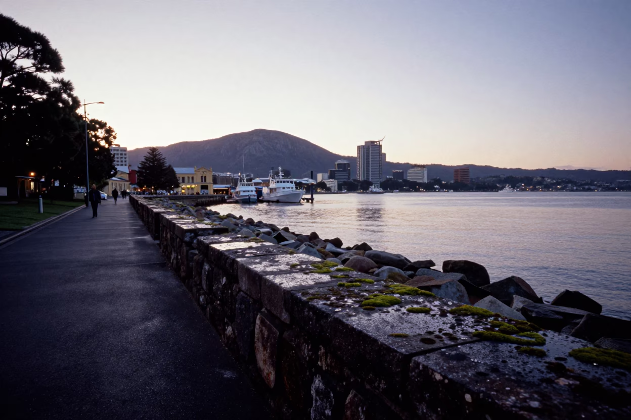 First Light Dawn Over Hobart Tasmania Port and Mountain Views in in Hobart, Tasmania, Australia