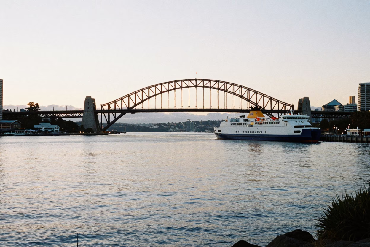 First Light Dawn Over Hobart Tasmania Waterfront with Harbour Bridge and Ferry in in Hobart, Tasmania, Australia