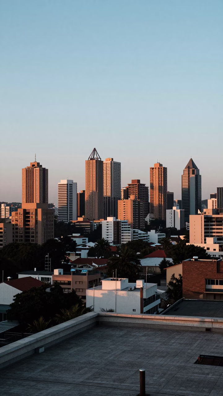 First Light Dawn Over Johannesburg Hillbrow Skyline and Rooftop Urban Life in in Johannesburg, South Africa