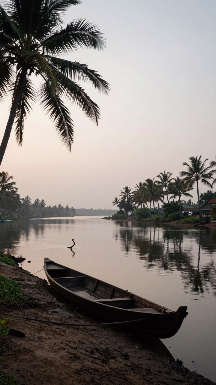 First Light Dawn Over Kochi Backwaters with Traditional Snake Boat and Local Fishermen in in Kochi, India