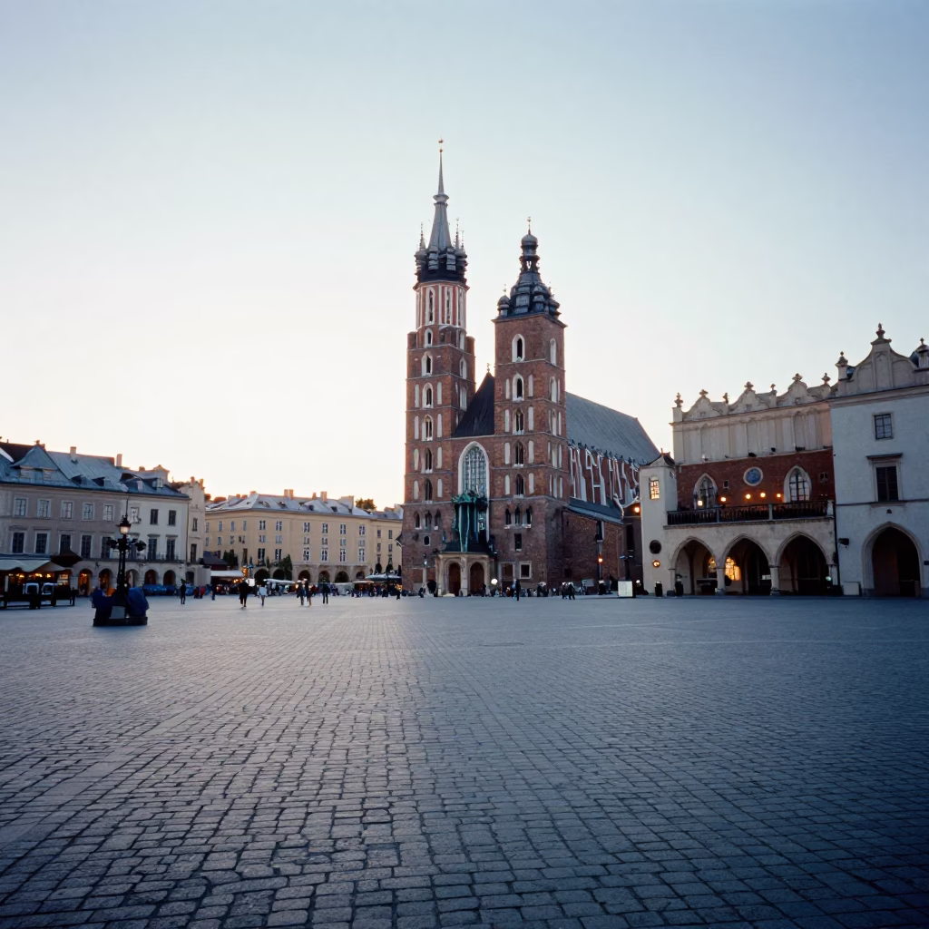 First Light Dawn Over Krakow Main Market Square Cobblestones and Historic Sukiennice Facade in in Krakow, Poland
