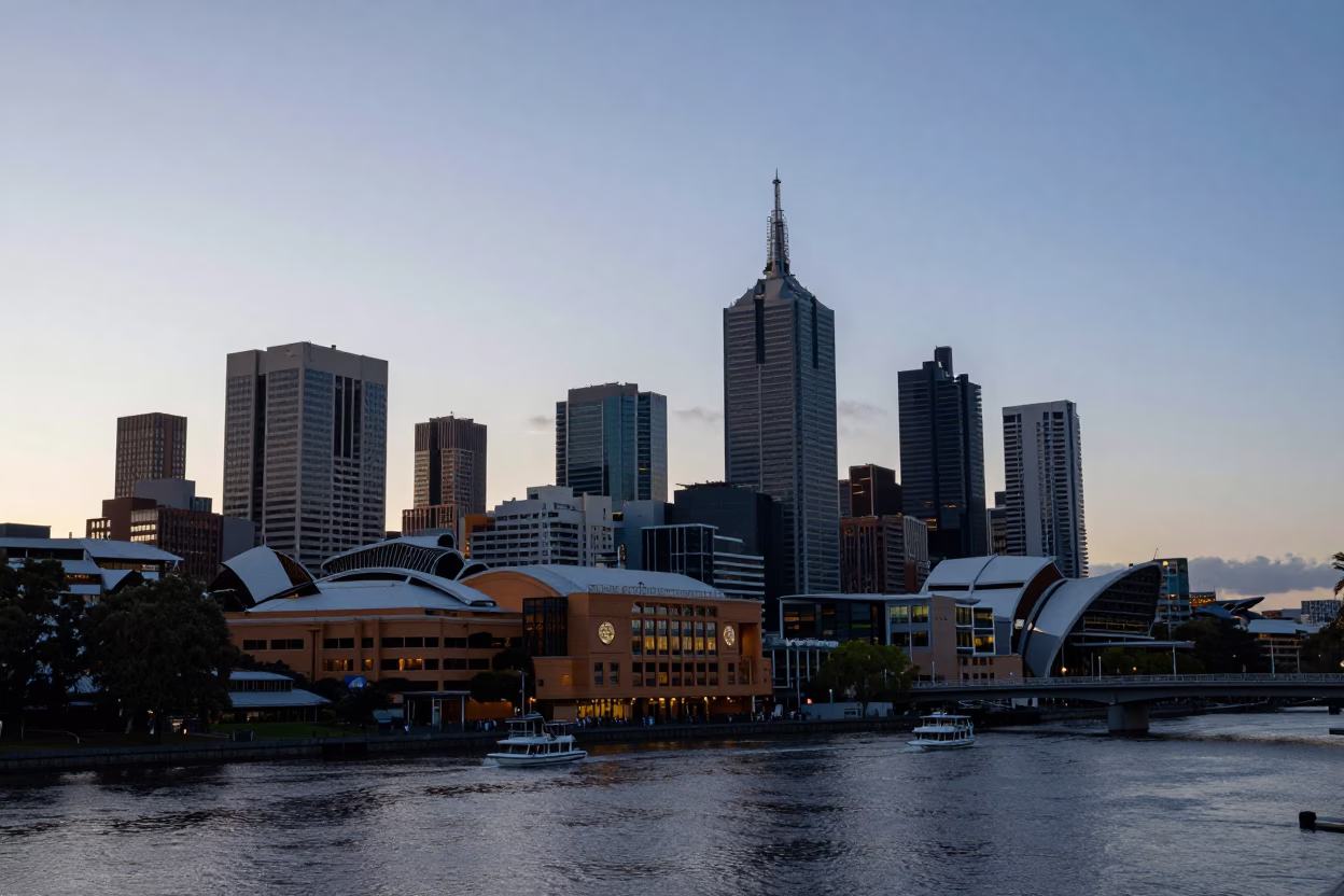 First Light Dawn Over Melbourne Skyline with Yarra River Reflections and Urban Architecture in in Melbourne, Victoria, Australia