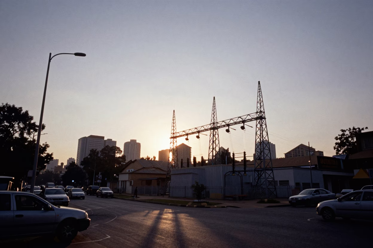First Light Dawn Over Nairobi Kenya Urban Street Scene with Lattice Power Substation in in Nairobi, Kenya
