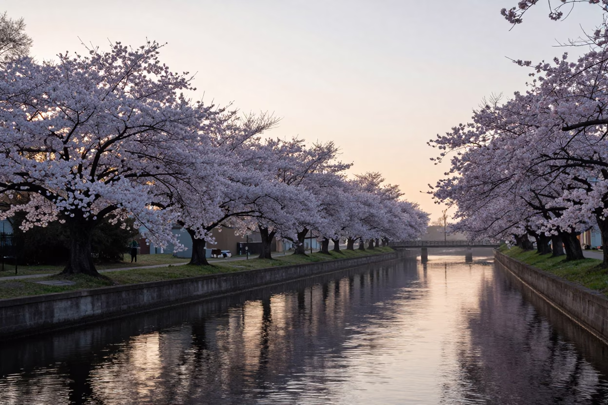 First Light Dawn over New Orleans Canal with Cherry Trees and Local Activity in in New Orleans, Louisiana, United States