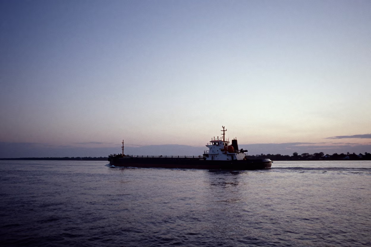 First Light Dawn Over New Orleans Mississippi River with Tugboat Fleet Guiding Tanker in in New Orleans, Louisiana, United States