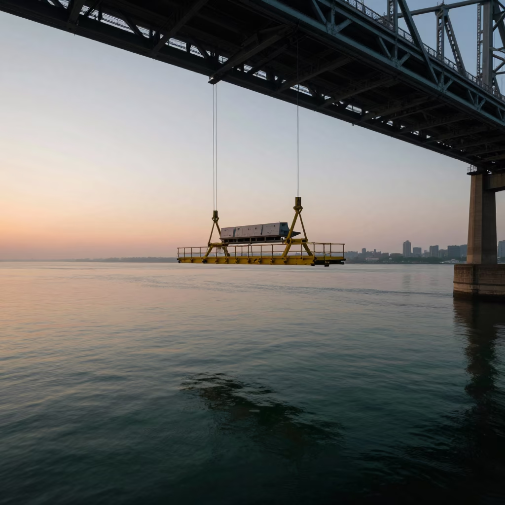 First Light Dawn Over New York City Bridge Maintenance Cradle and Urban River in in New York, New York, United States