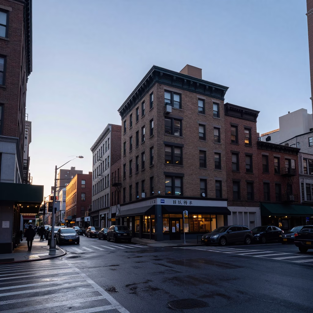 First Light Dawn Over New York City Street Corner with Park Bench in in New York, New York, United States