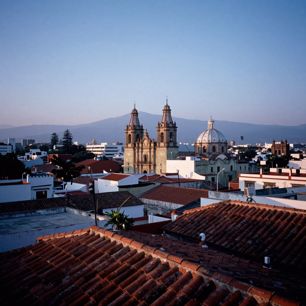 First Light Dawn Over Oaxaca City Rooftops and Colonial Architecture in in Oaxaca, Mexico