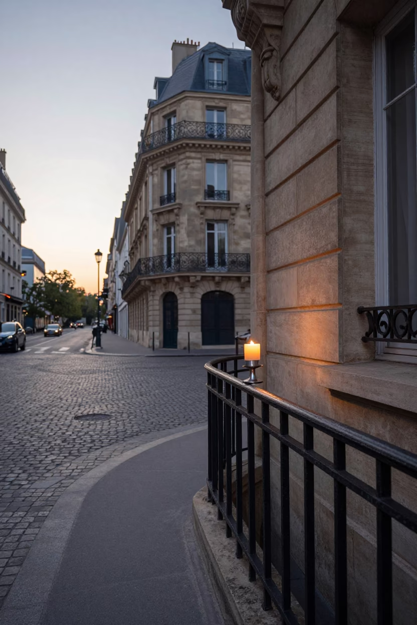 First light dawn over Paris France street scene with candle holder and historic architecture in in Paris, France