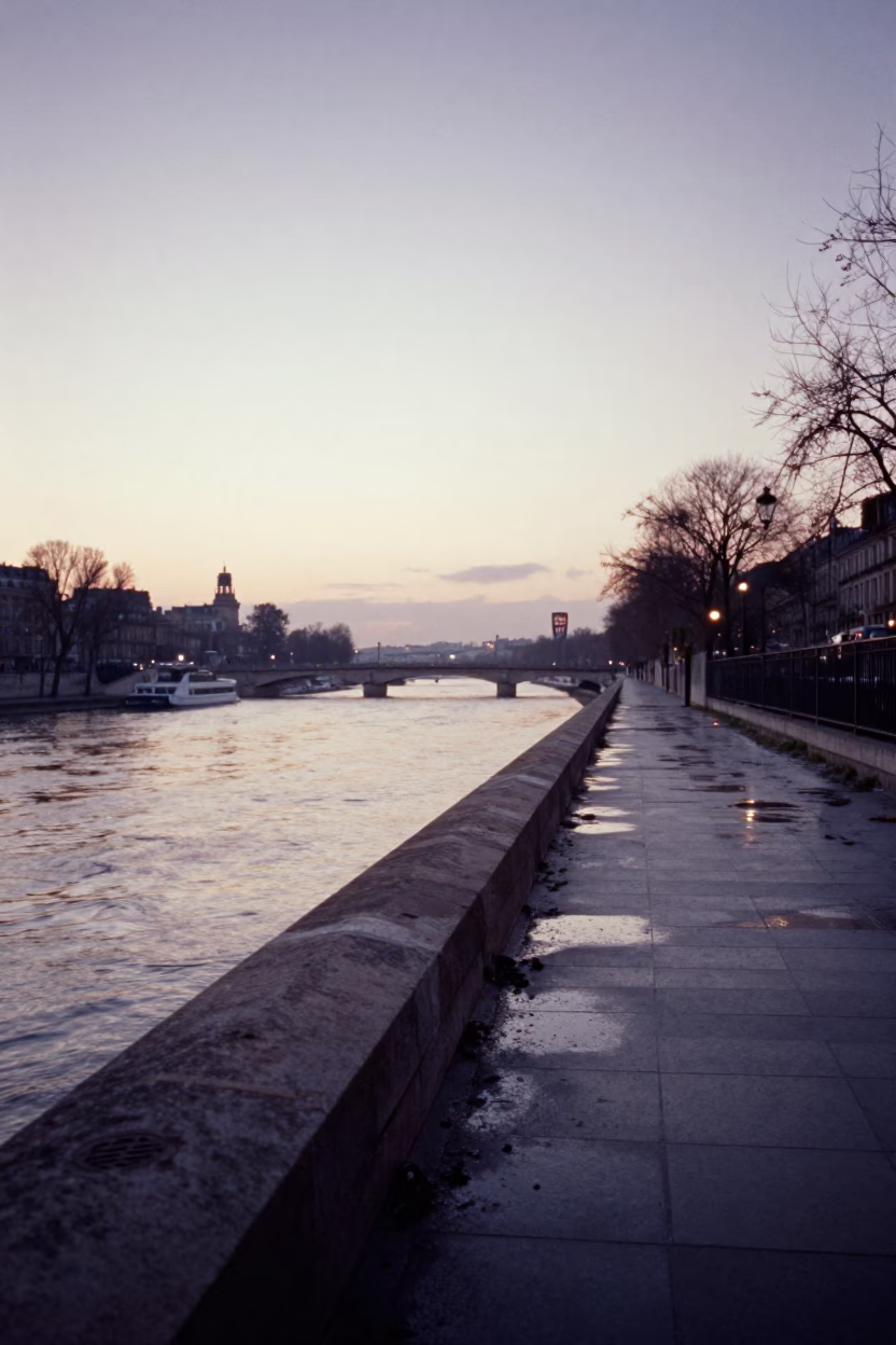 First light dawn over Paris France with reinforced levee path after flood recedes in in Paris, France