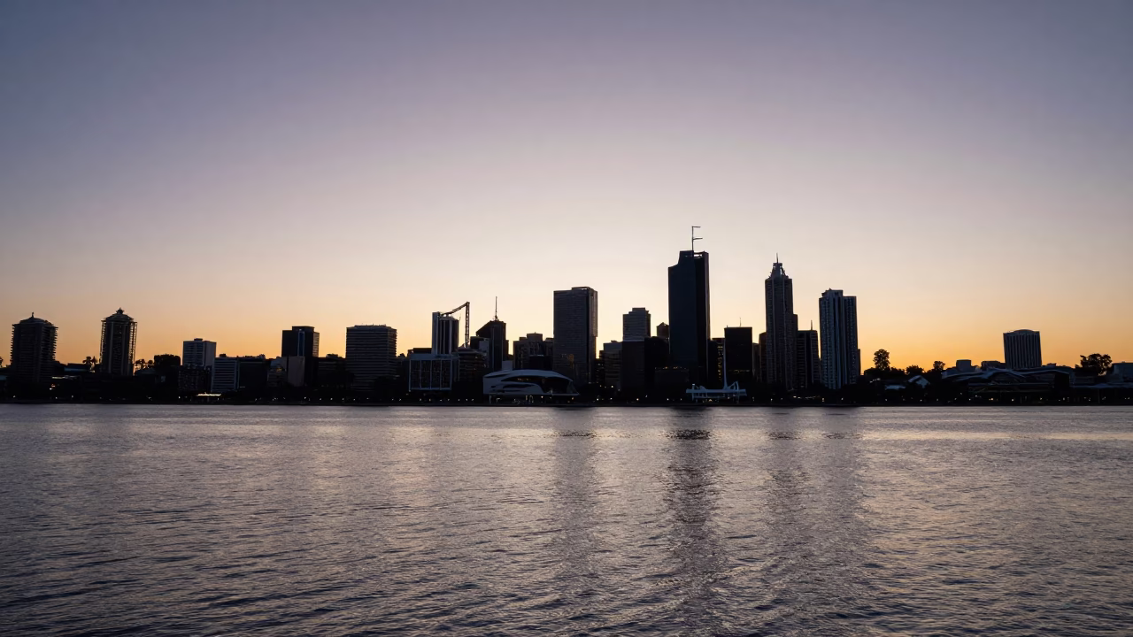 First Light Dawn Over Perth Western Australia River and City Skyline in in Perth, Western Australia, Australia