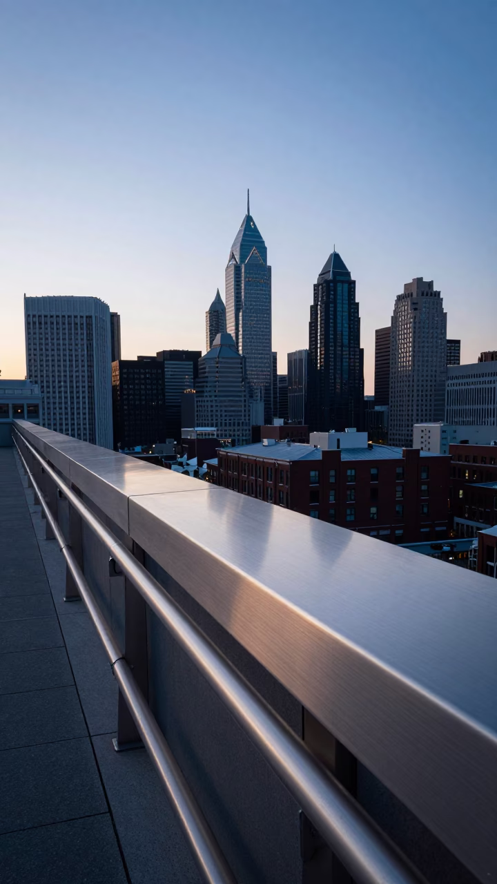 First Light Dawn Over Philadelphia Pennsylvania Skyline and Brushed Steel Edge Detail in in Philadelphia, Pennsylvania, United States