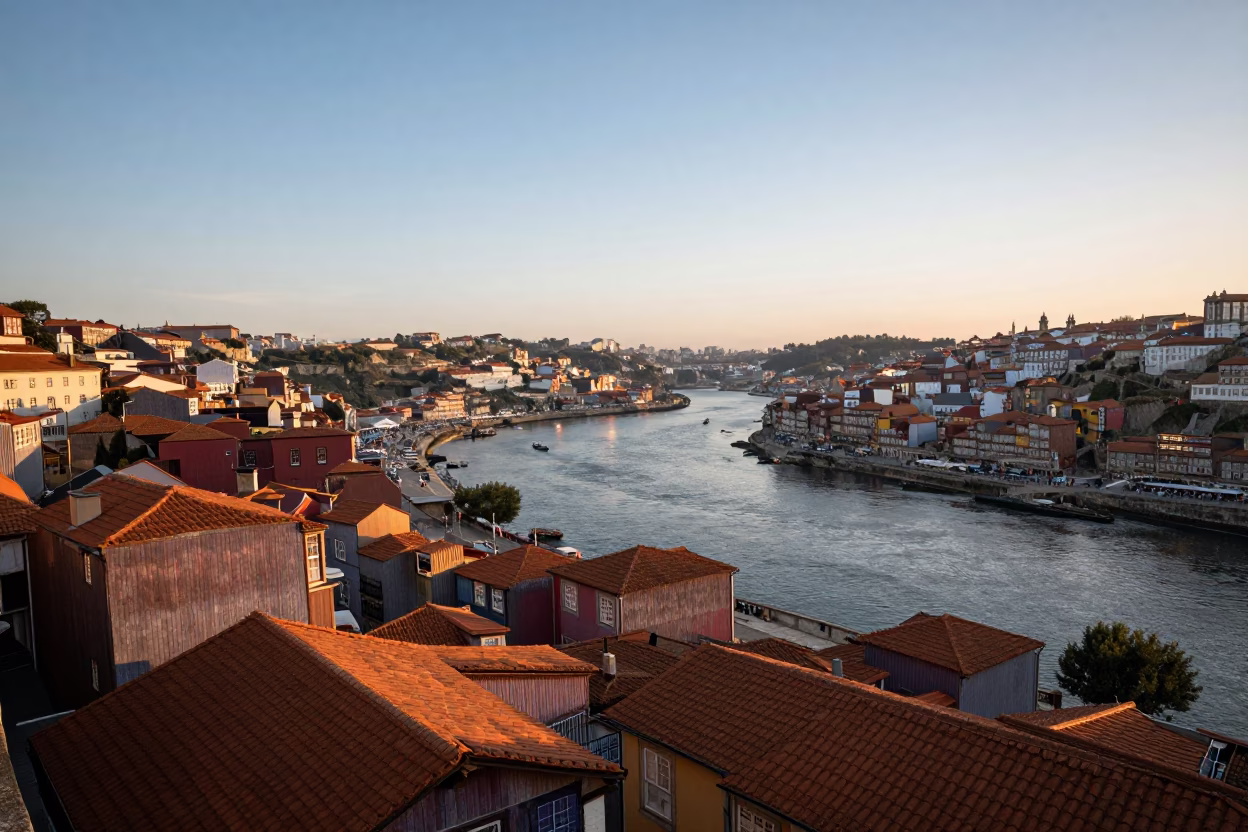 First Light Dawn Over Porto Portugal Riverfront and Historic Architecture in in Porto, Portugal