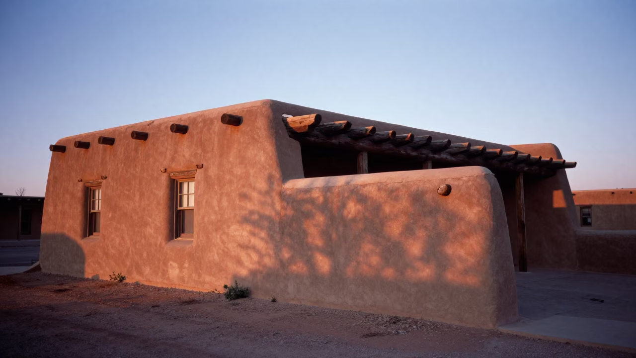 First Light Dawn Over Santa Fe New Mexico Adobe Architecture and Pueblo Style Rooftops in in Santa Fe, New Mexico, United States