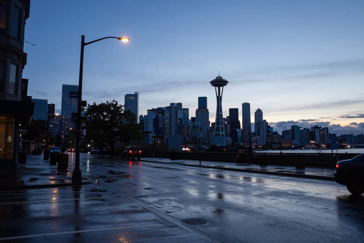 First Light Dawn Over Seattle Washington Street Scene with Wet Pavement and Urban Architecture in in Seattle, Washington, United States