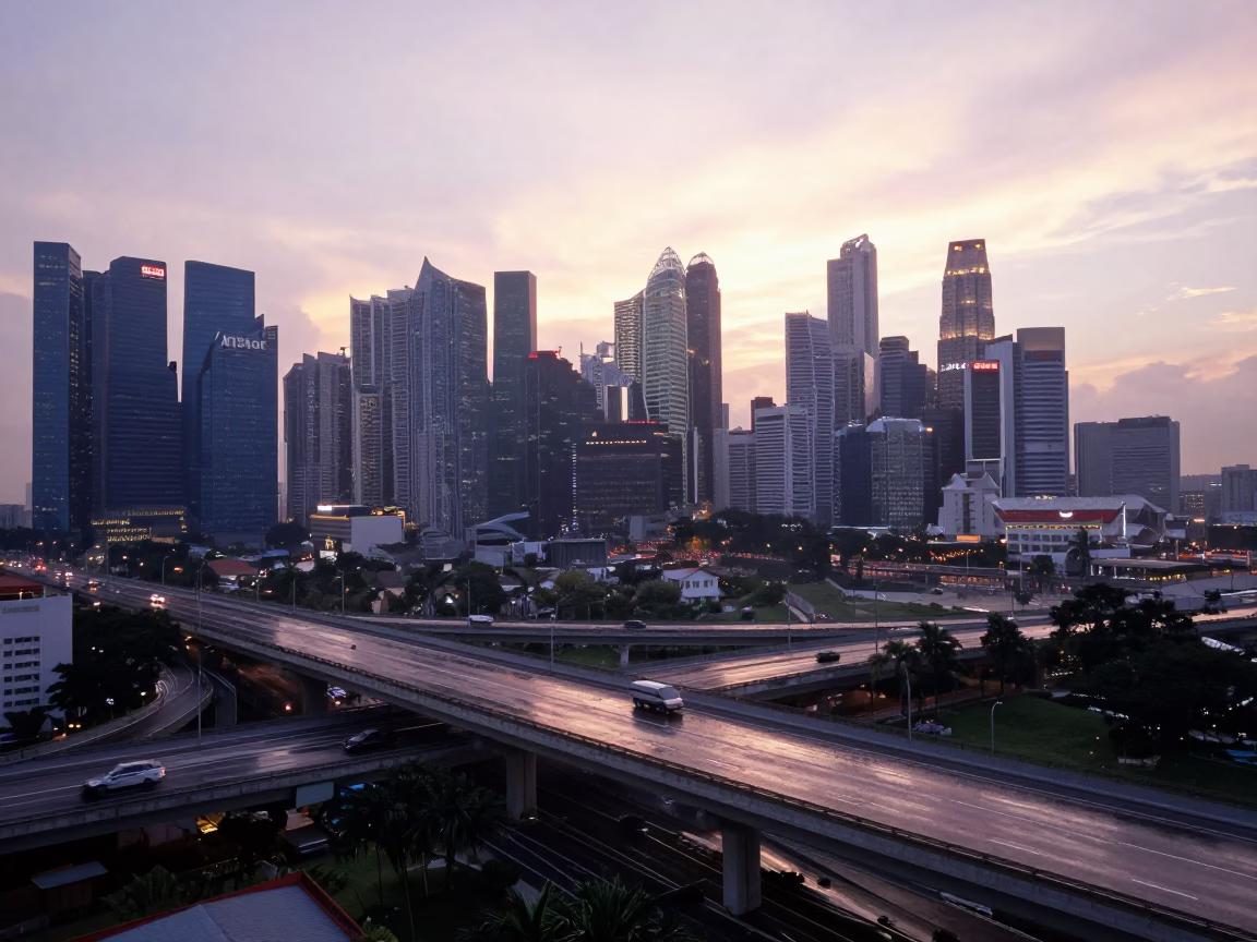 First Light Dawn Over Singapore Cityscape with Overpass Interchange Glowing Taillights After Rain in in Singapore, Singapore