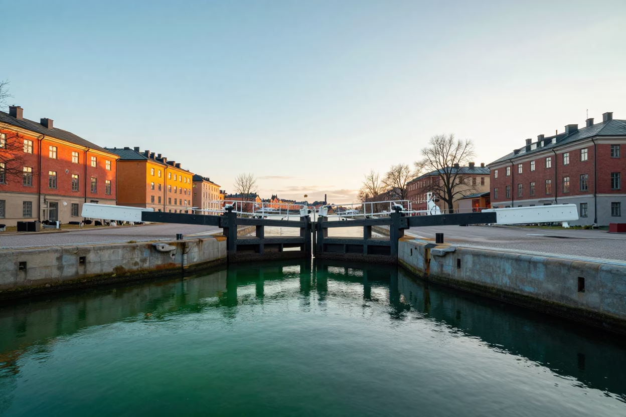 First light dawn over Stockholm canal with green water and lock gate mechanism in in Stockholm, Sweden