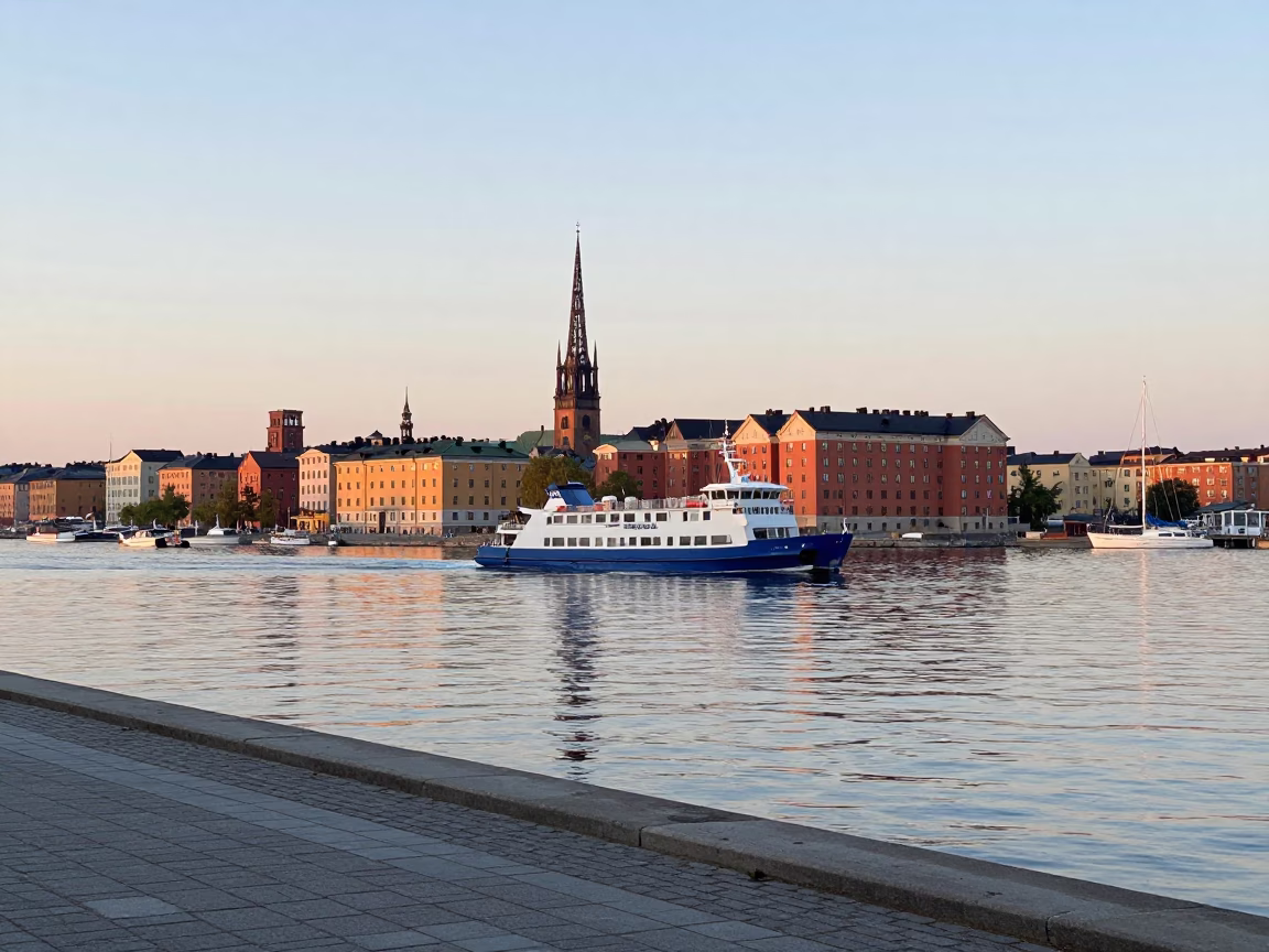 First Light Dawn Over Stockholm Harbor Waterfront Promenade with Ferries and City Skyline in in Stockholm, Sweden