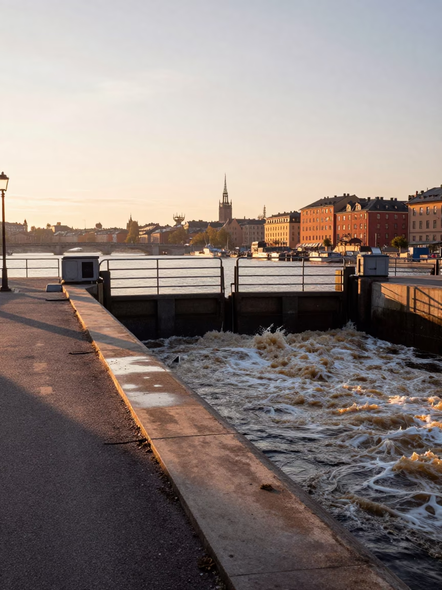 First Light Dawn Over Stockholm Sluice Gate Walkway and Tea-Colored River Foam in in Stockholm, Sweden