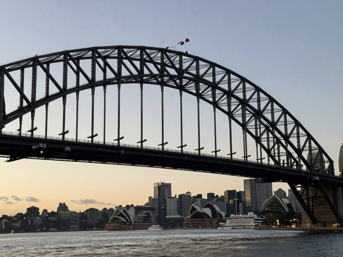 First Light Dawn over Sydney Harbour Bridge and Circular Quay Waterfront in in Sydney, New South Wales, Australia