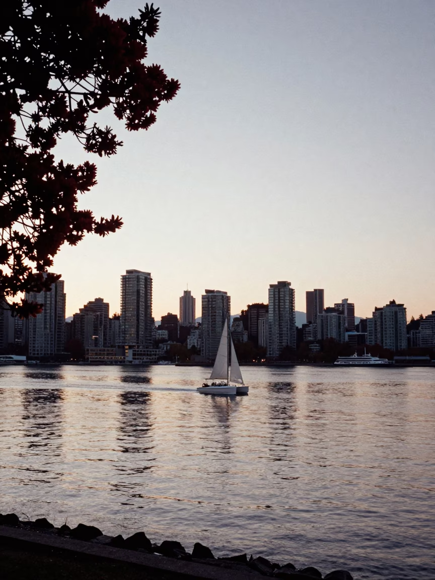 First Light Dawn Over Vancouver British Columbia Waterfront with Madrone Trees and City Skyline in in Vancouver, British Columbia, Canada