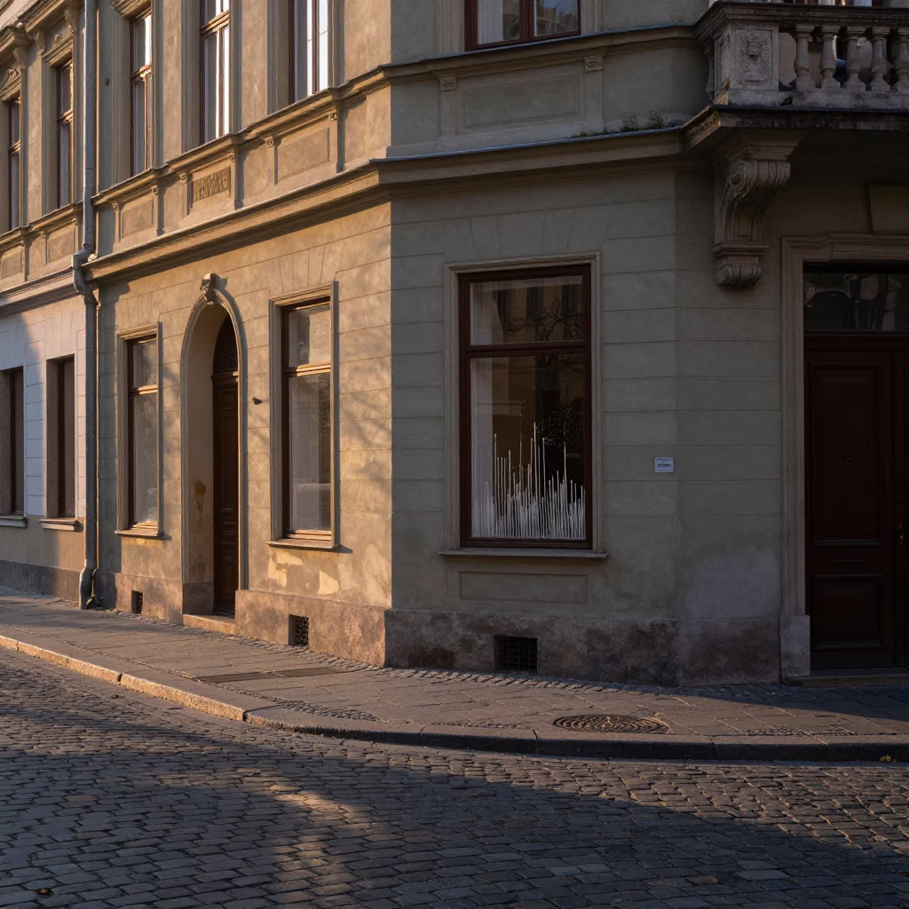 First light dawn photography of Budapest street scene with soap residue on window glass in in Budapest, Hungary