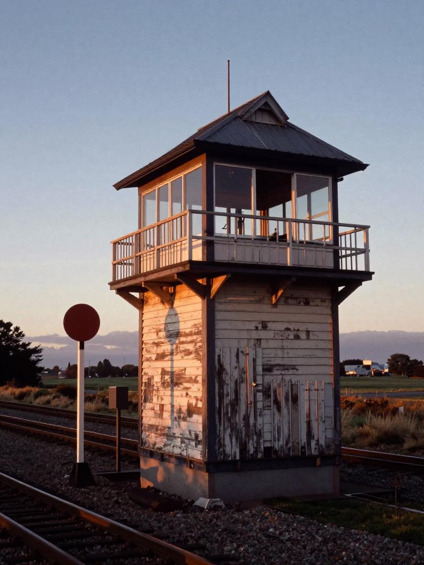 First Light Dawn Railway Signal Cabin Beside Switch Tracks in Christchurch New Zealand in in Christchurch, New Zealand