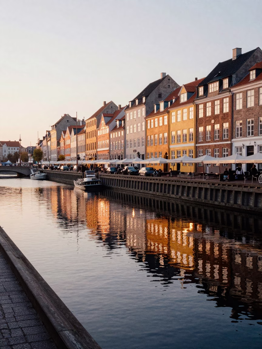 First Light Dawn Reflections on Copenhagen Canal Waterfront with Glass Vases in in Copenhagen, Denmark
