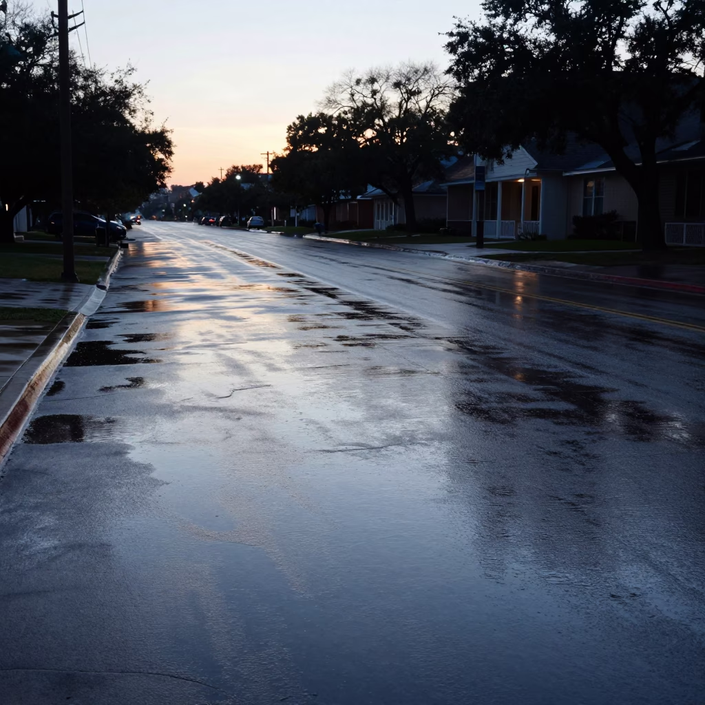 First Light Dawn Reflections on Rain-Slicked Austin Street Near Hotel District in in Austin, Texas, United States