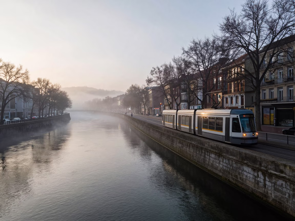 First Light Dawn Scene Along Bilbao Riverbank with Tramcar and Rust in in Bilbao, Spain