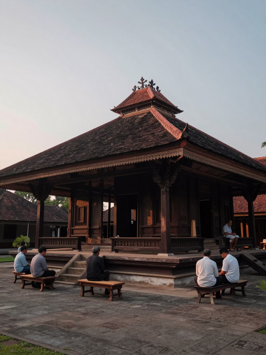First Light Dawn Scene at Yogyakarta Kraton Palace with Wooden Stools and Morning Rituals in in Yogyakarta, Indonesia