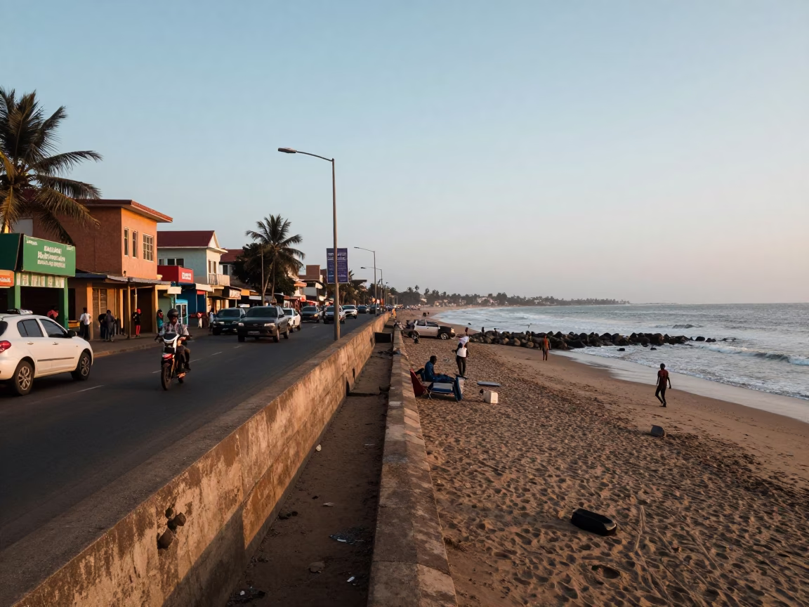 First Light Dawn Scene in Accra Ghana Street Life and Coastal Activity in in Accra, Ghana