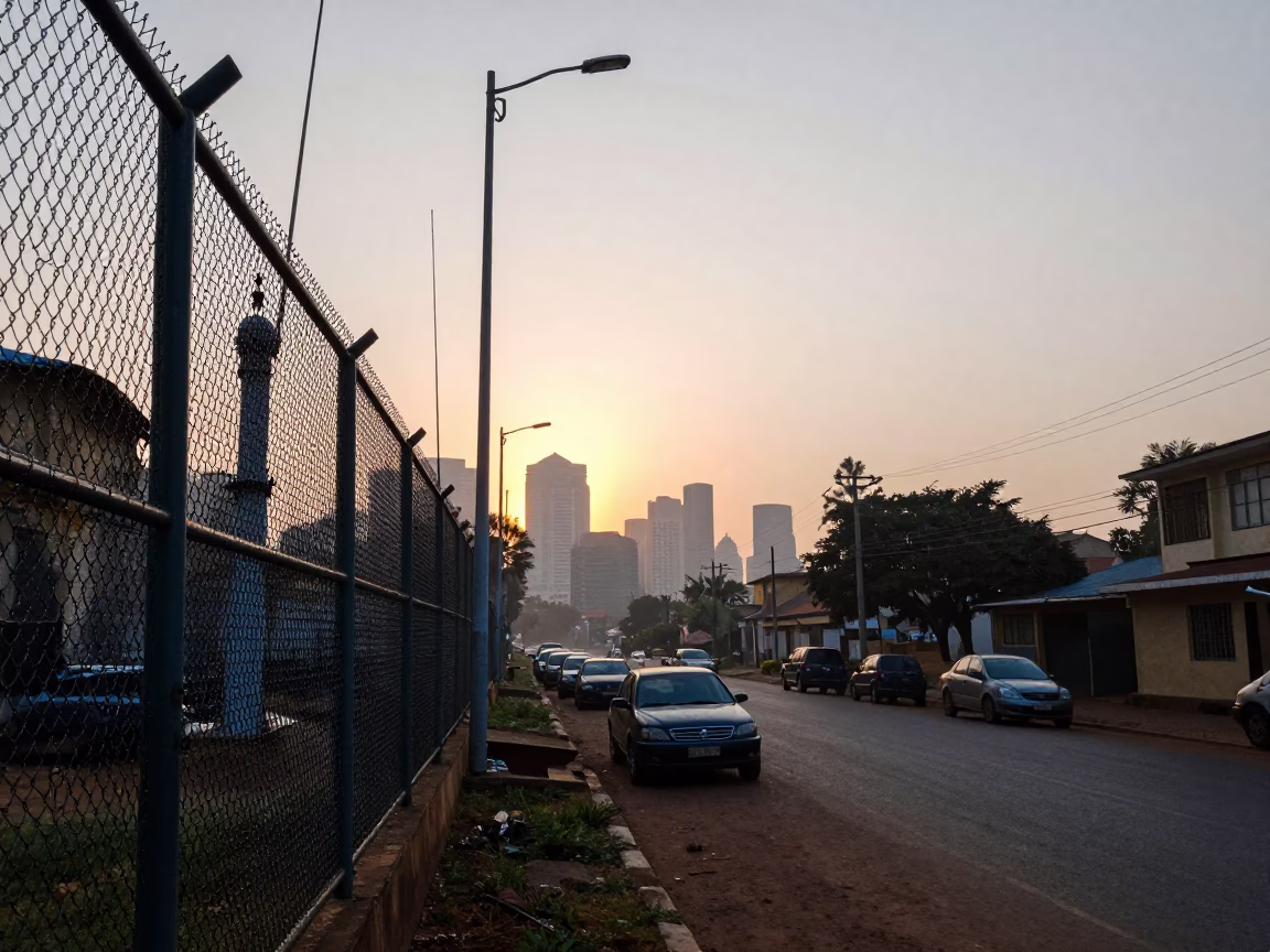 First light dawn scene in Accra Ghana with substation fence and morning activity in in Accra, Ghana