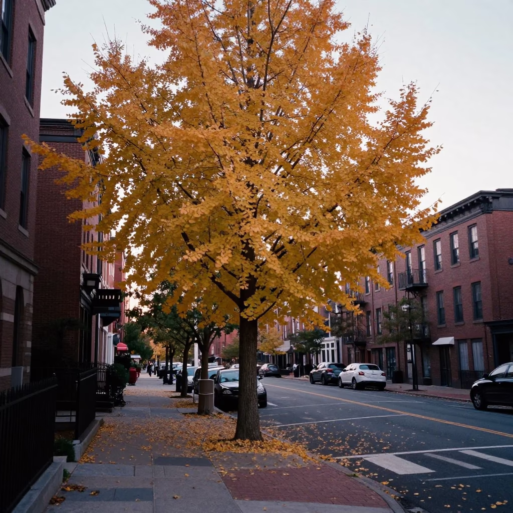 First Light Dawn Scene in Boston Massachusetts with Ginkgo Tree Autumn Foliage in in Boston, Massachusetts, United States
