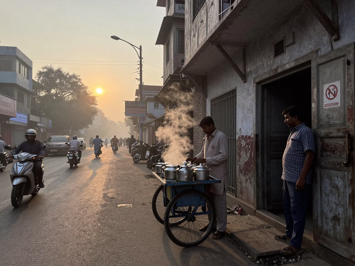 First Light Dawn Scene in Delhi India with Street Vendor and Traditional Architecture in in Delhi, India