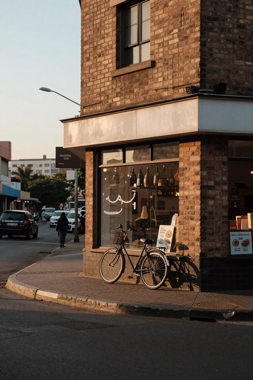 First Light Dawn Scene in Johannesburg South Africa with Bicycle Propped Against Local Bakery in in Johannesburg, South Africa