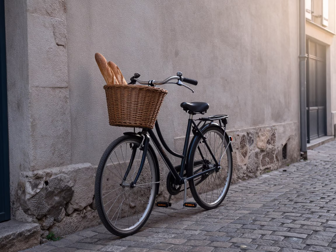 First Light Dawn Scene in Lyon France Featuring Bicycle Basket and Condensation on Tile in in Lyon, France