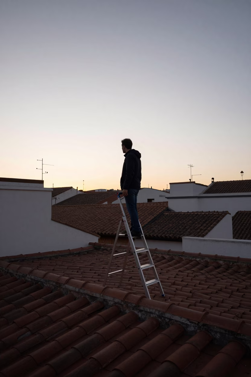 First Light Dawn Scene in Madrid Spain with Step Ladder and Urban Morning Atmosphere in in Madrid, Spain