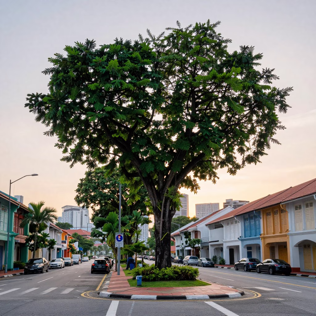 First Light Dawn Scene in Singapore with Fig Tree and Heavy Fruit in in Singapore, Singapore