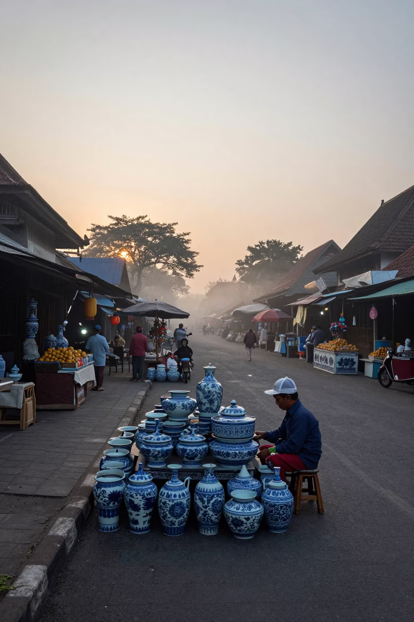 First Light Dawn Scene in Yogyakarta Indonesia Featuring Blue White Porcelain and Street Life in in Yogyakarta, Indonesia