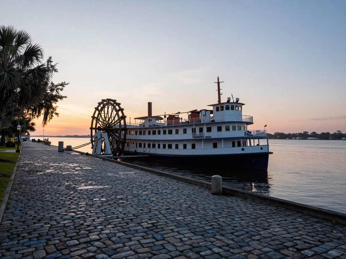 First Light Dawn Scene on Charleston South Carolina Riverfront with Paddlewheel Steamboat in in Charleston, South Carolina, United States