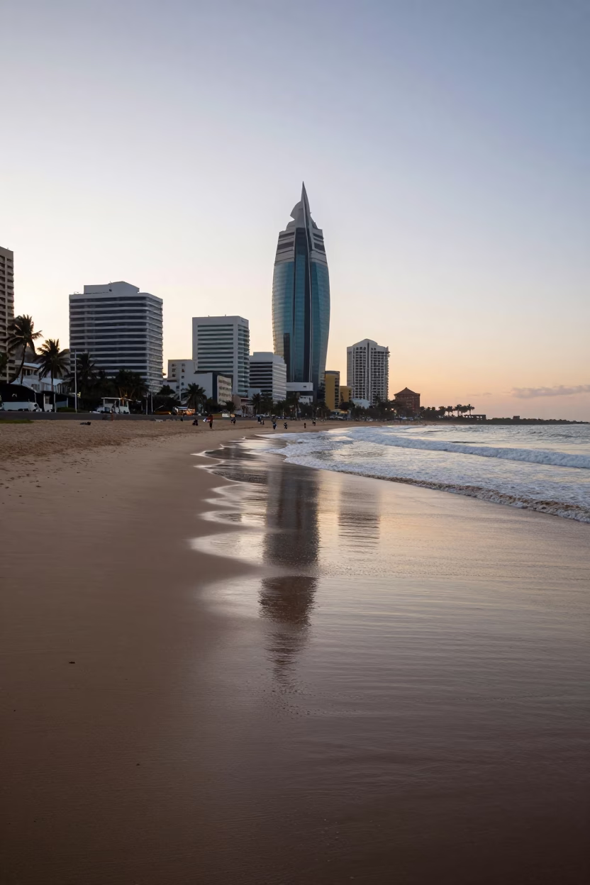 First Light Dawn Scene on Durban Beachfront Promenade with Vintage 1990s Details in in Durban, South Africa