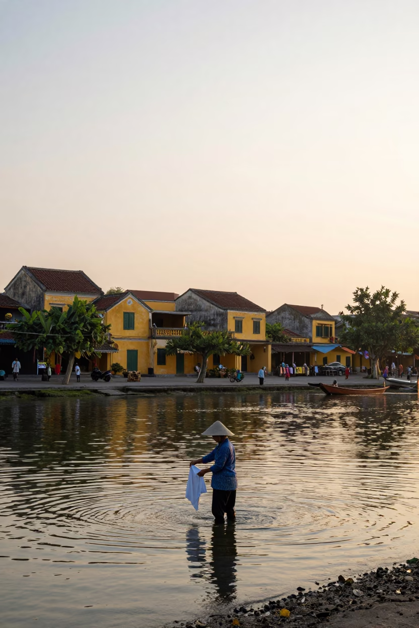 First Light Dawn Scene with Woman Washing Clothes in Hoi An River Vietnam in in Hoi An, Vietnam
