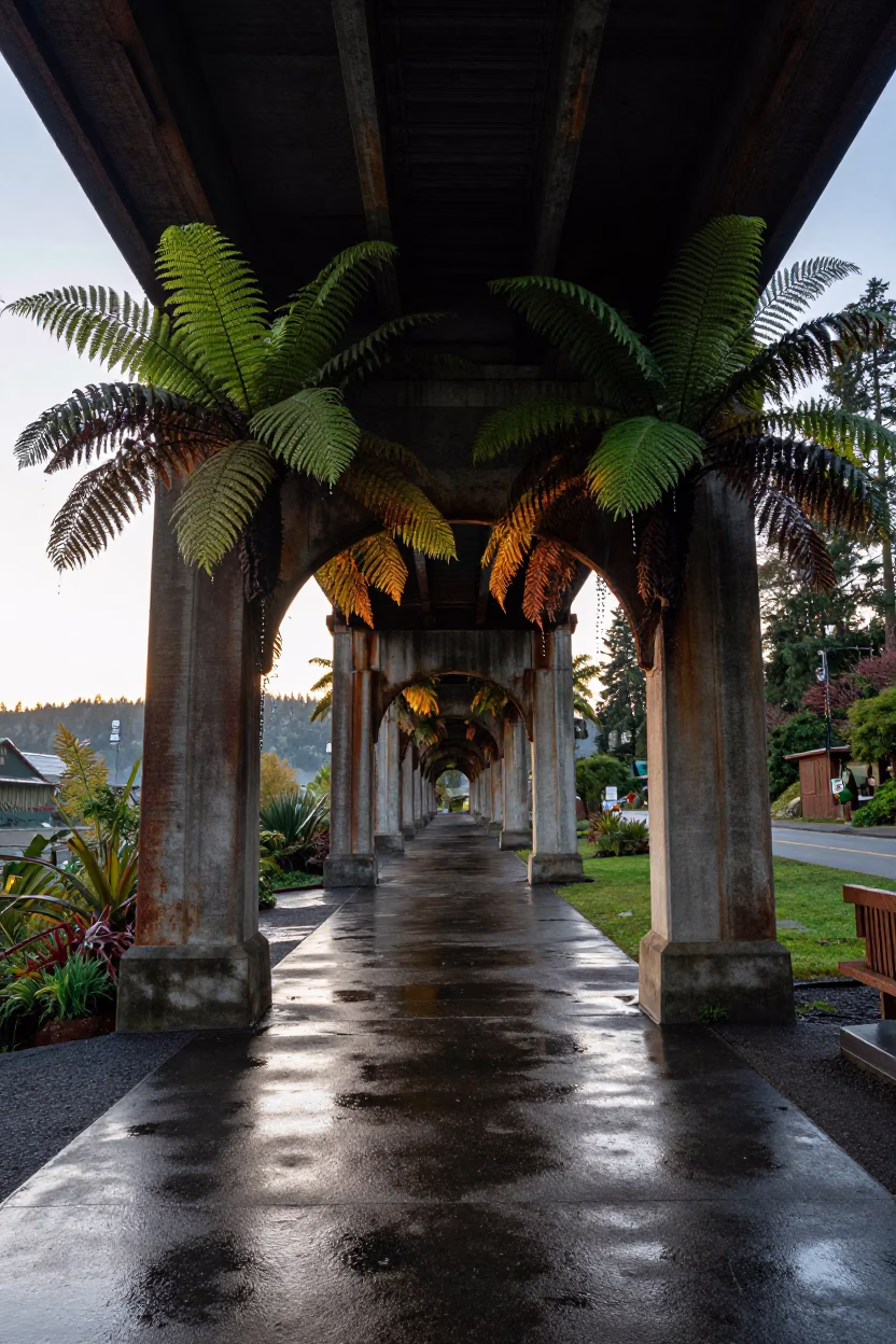 First Light Dawn Seattle Viaduct Undercroft Dripping Stone Ferns Urban Decay in in Seattle, Washington, United States