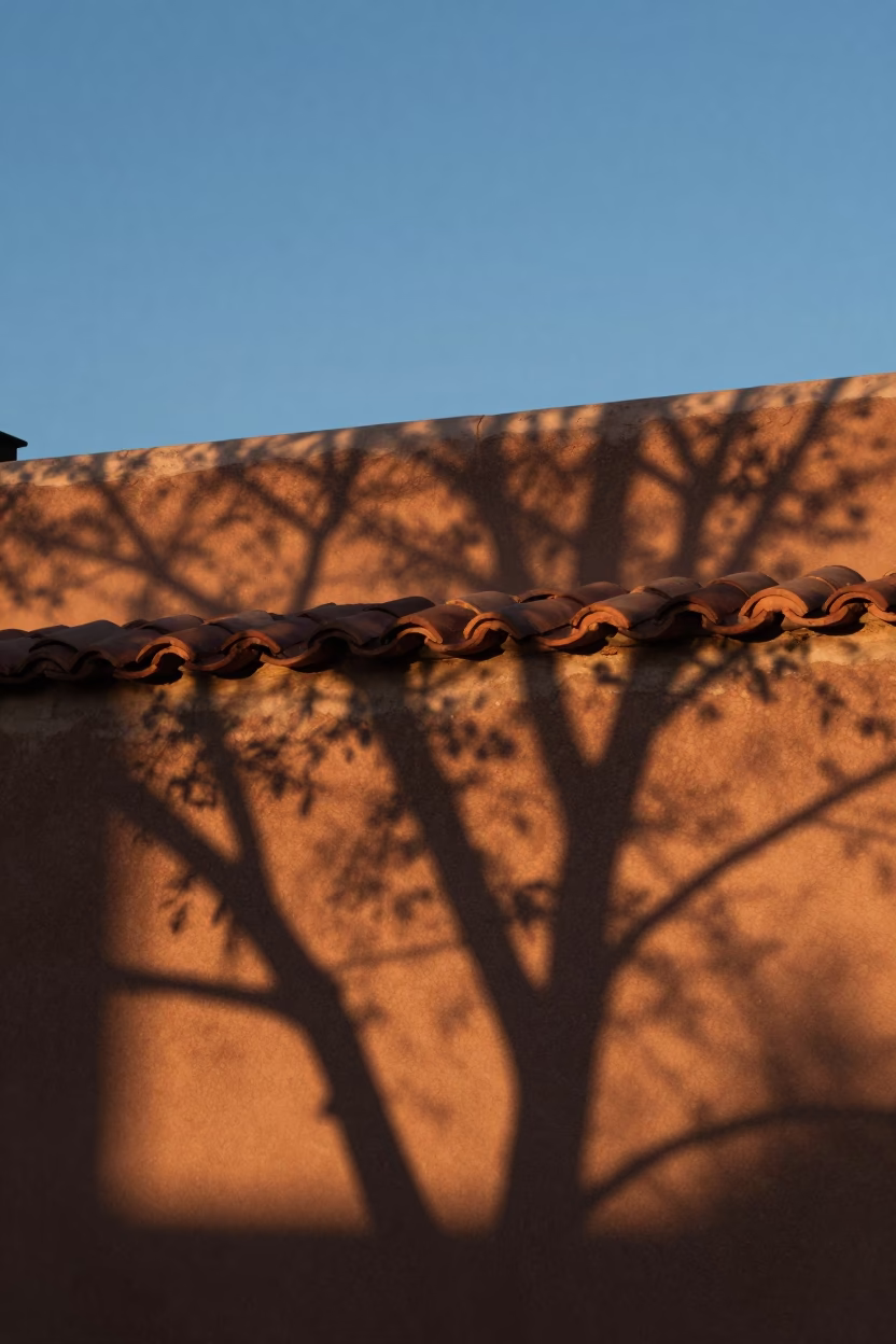 First Light Dawn Shadows on Adobe Tile Roof Santa Fe New Mexico in in Santa Fe, New Mexico, United States