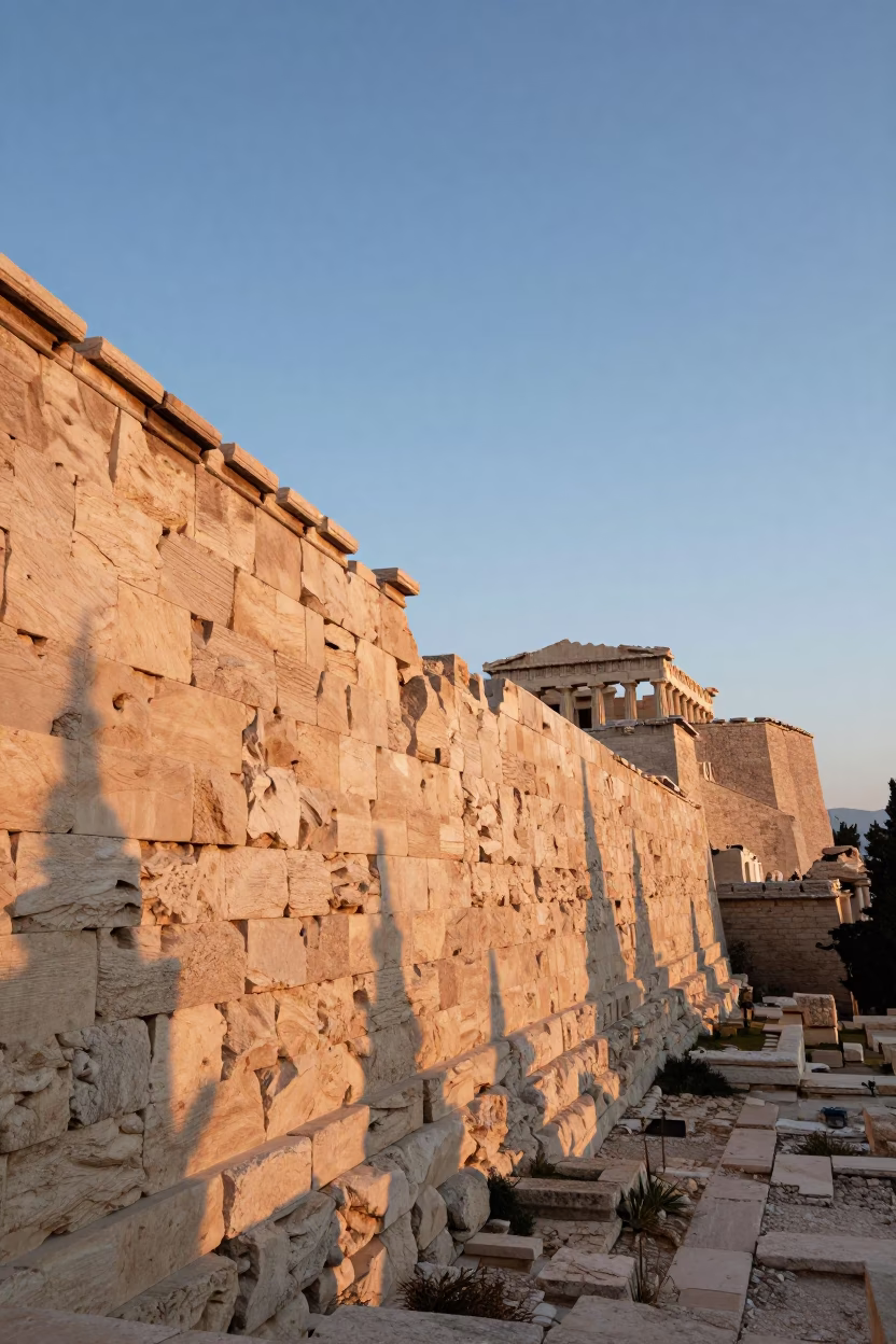 First Light Dawn Shadows on Ancient Stone Walls in Athens Greece in in Athens, Greece
