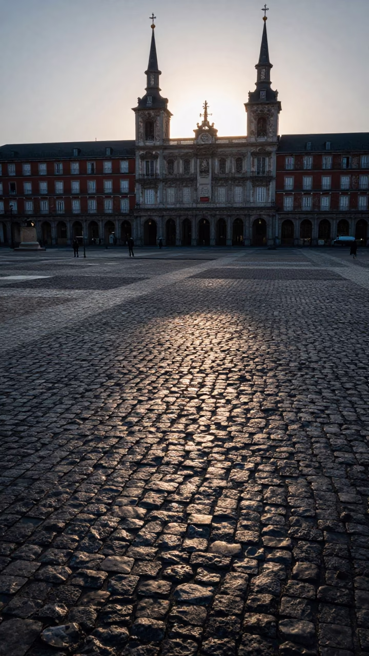 First Light Dawn Shadows on Madrid Cobblestones Near Historic Plaza in in Madrid, Spain