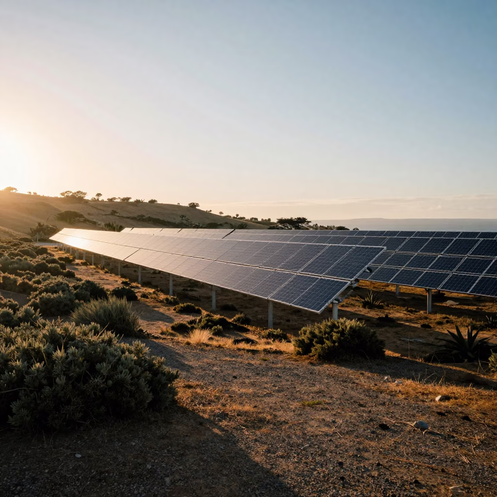 First Light Dawn Solar Array Glinting Over Durban Scrub Landscape South Africa in in Durban, South Africa