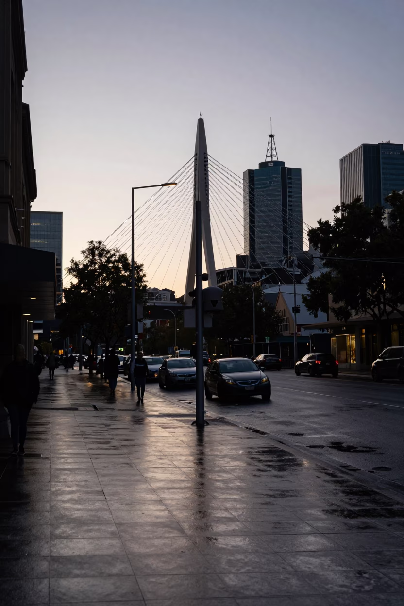 First Light Dawn Street Photography in Melbourne Victoria Australia with Cable Stayed Bridge in in Melbourne, Victoria, Australia