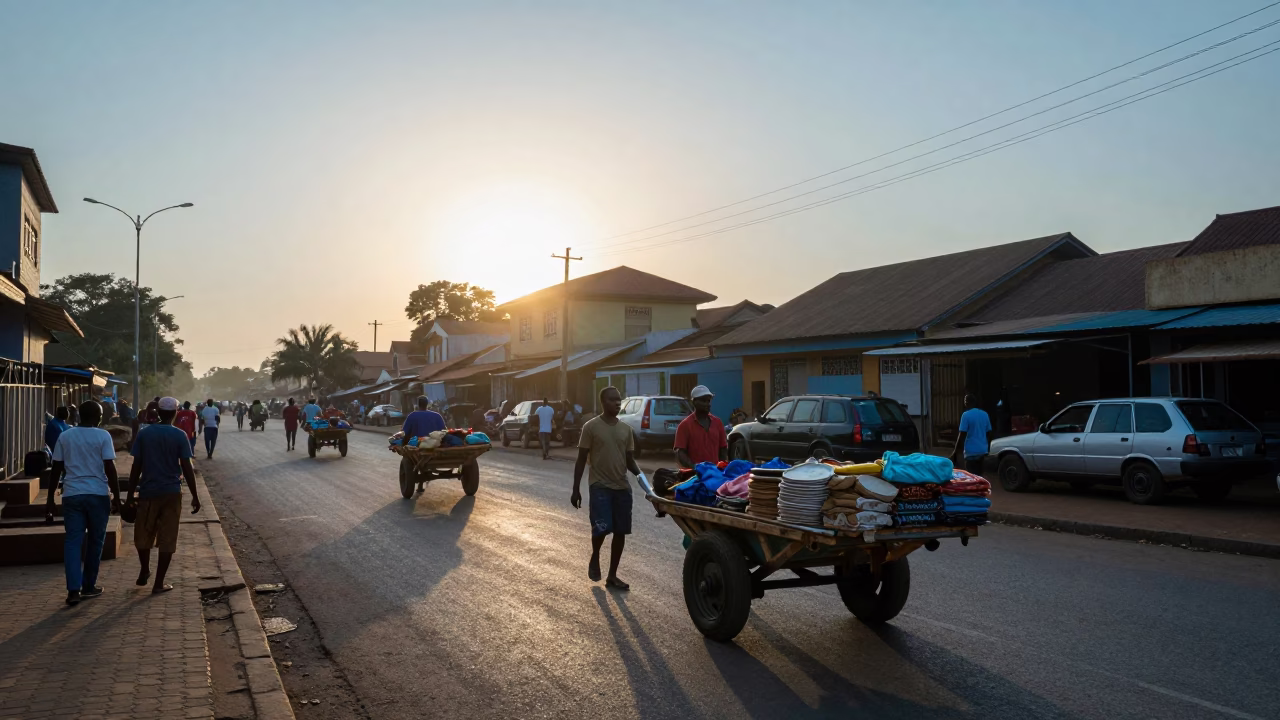 First light dawn street scene Accra Ghana rolling carts in in Accra, Ghana